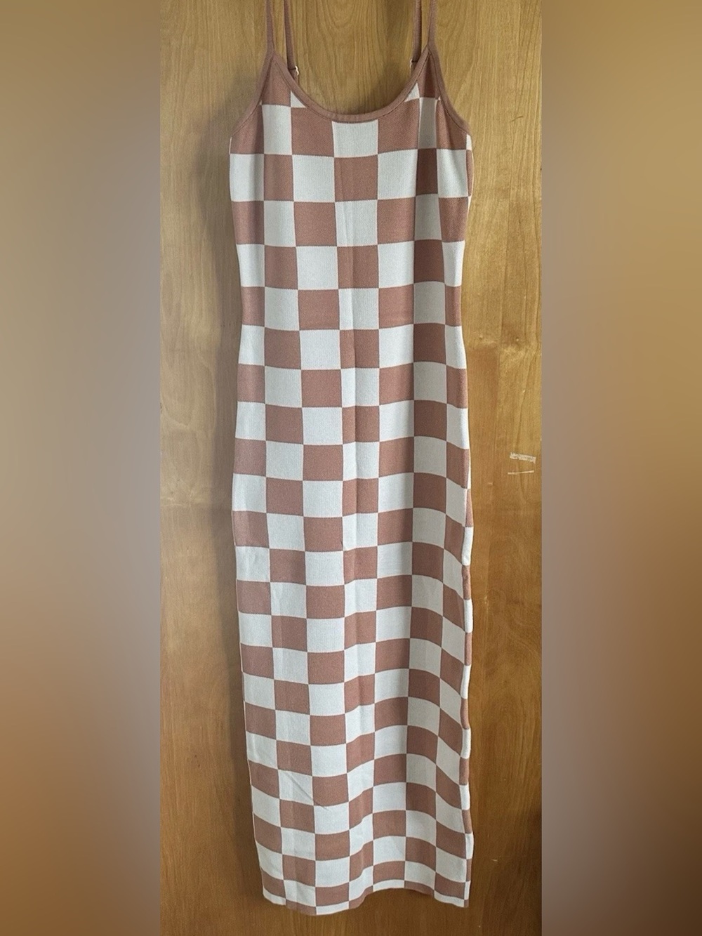 Women’s S Terracotta/White Checkered Spaghetti Strap S/L Bodycon Maxi Dress